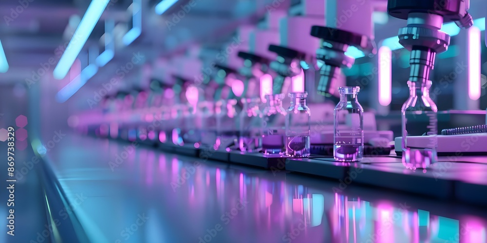 Hightech science lab with microscopes test tubes digital screens promoting STEM education. Concept STEM Education, Science Lab, Microscopes, Test Tubes, Digital Screens