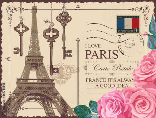 Retro postcard with Eiffel tower in Paris, France and vintage key. Romantic vector postcard in vintage style with pink roses and words I love Paris on background of old paper