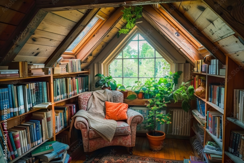 Naklejka premium Cozy Attic Reading Nook with Skylight, Comfortable Chair, and Extensive Book Collection