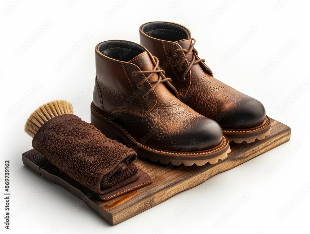 Brown leather boots with a wooden shoe brush and a brown cloth on a wooden background. Brown leather boots with a wooden shoe brush and a brown cloth on a wooden background.