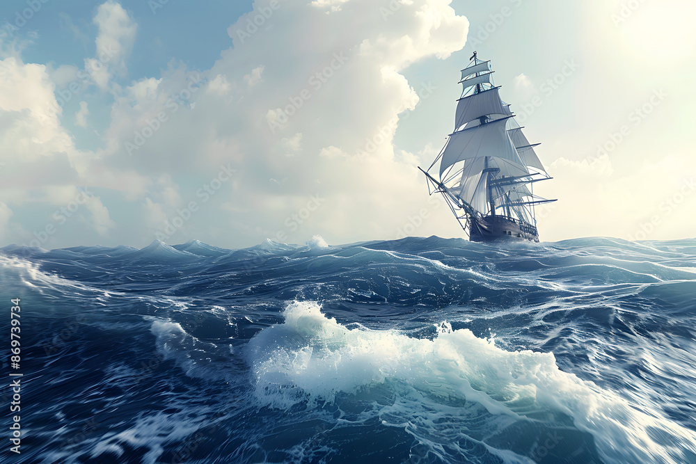Fototapeta premium a wallpaper featuring a vast, realistic ocean expanse with a majestic sailing ship navigating through rough waves