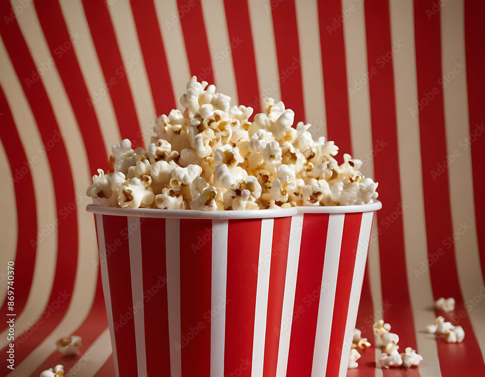 An overflowing striped box of popcorn bursting with fluffy kernels against a red and white sunburst background, perfect for movie night, snacking, or entertainment themes.