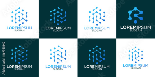 collection of initial R logos, hexagons, business technology molecules with gradient colors