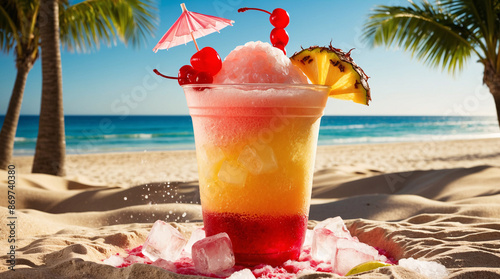 Bahama Mama cocktail drink rumbased, party at sandy sunny beach with palm trees at ocean shore seashore photo