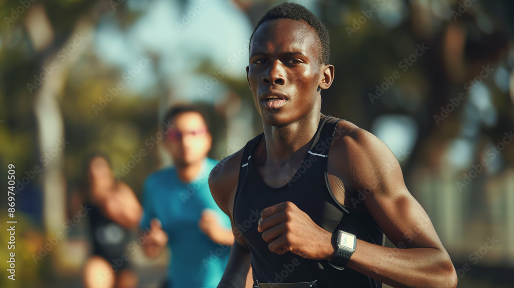 An African-American runner leads the race, focused and determined, with competitors trailing behind. An African-American runner leads the race, focused and determined, with competitors trailing behind.