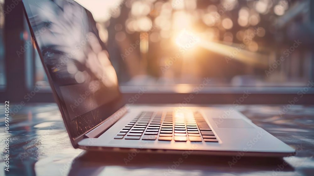 Laptop open sunset window light. Laptop computer sitting on desk by window with golden sunset light shining through trees in background Laptop open sunset window light. Laptop computer sitting on desk by window with golden sunset light shining through trees in background