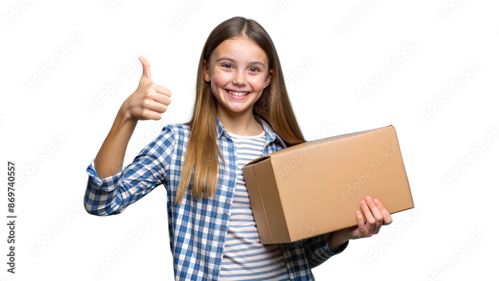 Happy Young Girl Holding a Cardboard Box and Giving a Thumbs Up Happy Young Girl Holding a Cardboard Box and Giving a Thumbs Up