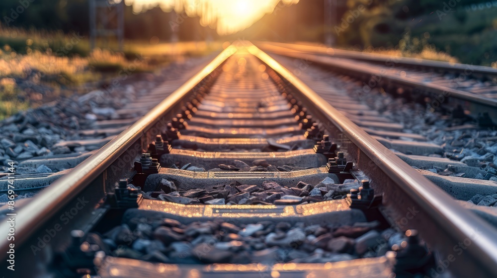 Railroad tracks at sunset. Golden sunset over railroad tracks, symbolizing travel, journey, and new beginnings. Railroad tracks at sunset. Golden sunset over railroad tracks, symbolizing travel, journey, and new beginnings.