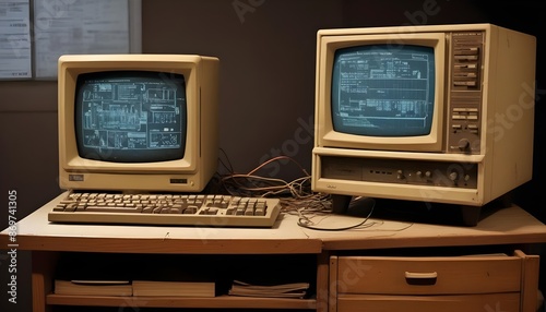 In the times of technological history an old computer holds on desk ialong its evolution of electronics photo