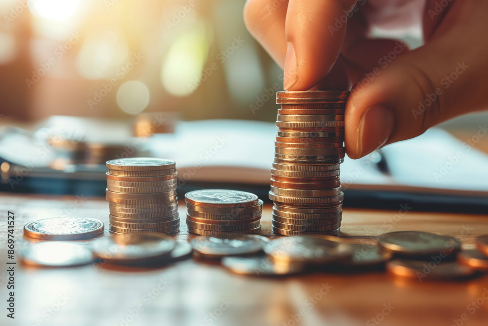 person meticulously stacking coins on a desk. This image symbolizes financial growth, savings, and investment person meticulously stacking coins on a desk. This image symbolizes financial growth, savings, and investment