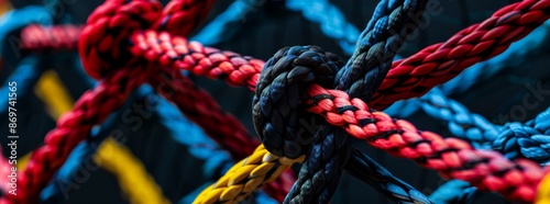 Close-up shot of vibrant ropes knotted together creating a colorful grid pattern, showcasing texture. photo