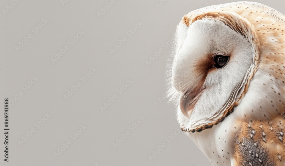 barn owl's face, showcasing its distinctive features and feathers, against a neutral background Generative AI