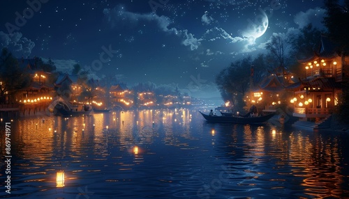 Wallpaper Mural Nighttime view of a river with boats and twinkling lights reflecting on the water. Torontodigital.ca