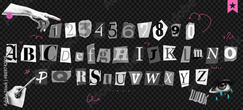 Set of magazine cutout alphabet font. Cut letter. Typography type from newspaper. Pop art clipping word. Vector crime grunge illustration with ripped and torn elements
