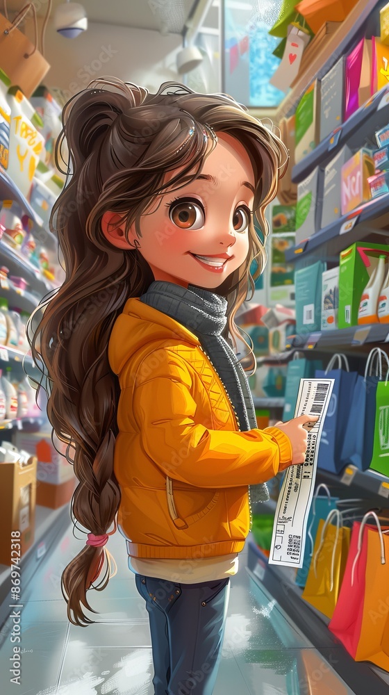 Cartoon Character Enjoying Shopping with Long Receipt in Colorful Retail Store - Side View of Joyful Shopaholic Cartoon Character Enjoying Shopping with Long Receipt in Colorful Retail Store - Side View of Joyful Shopaholic