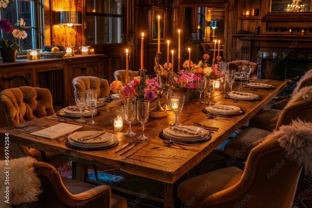 Elegant Dining Room Table Set for Dinner with Candle and Flower Decor for Cozy Ambiance