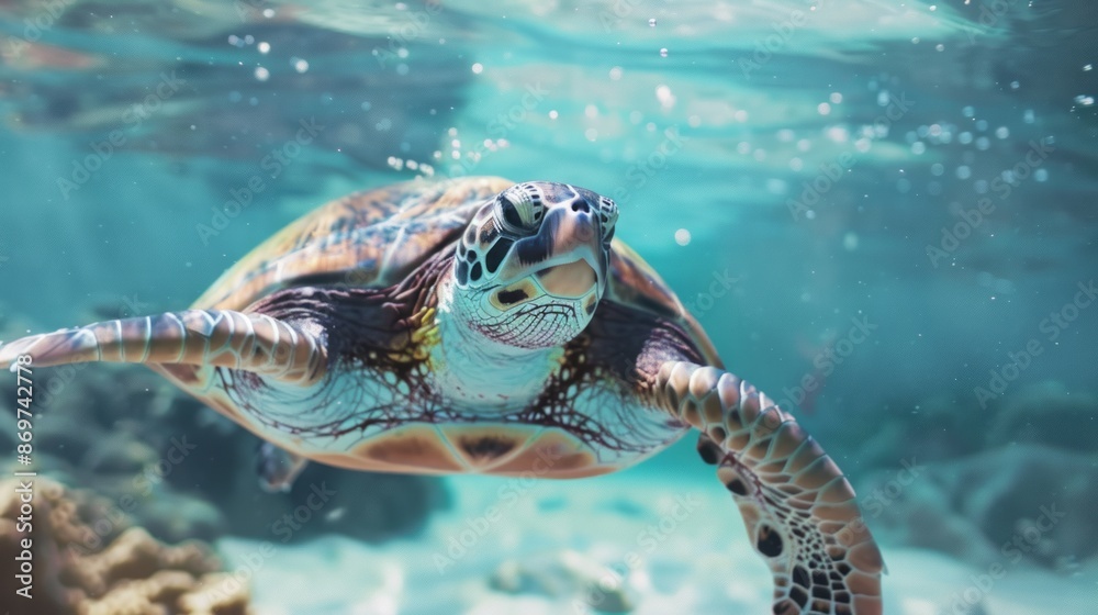 Fototapeta premium Sea turtle gliding through crystal water. Capture the beauty of the ocean with this image of a sea turtle swimming in turquoise water. Perfect for wildlife and conservation projects.