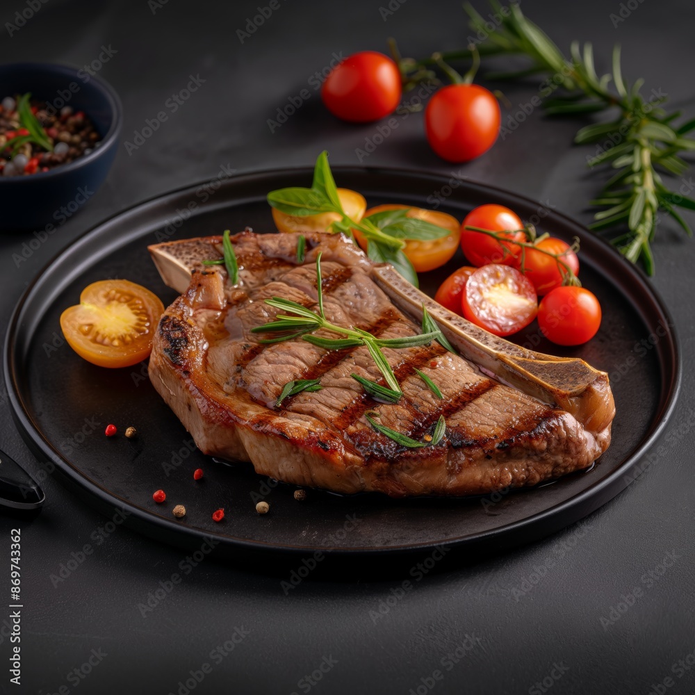 Delicious grilled steak with cherry tomatoes and herbs on a black plate, showcasing a perfect meal for gourmet lovers. Delicious grilled steak with cherry tomatoes and herbs on a black plate, showcasing a perfect meal for gourmet lovers.