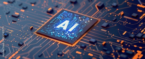 AI Chip On A Circuit Board With Glowing Lines