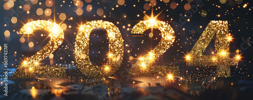New year banner with golden glowing text "2024" on a black background with stars and particles of light, creating a shiny sparkles effect for a Happy New Year