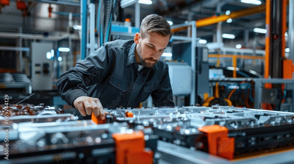 Engineer closely examining EV battery modules on a workbench, emphasizing technological advancements and accuracy. EV car energy storage Engineer closely examining EV battery modules on a workbench, emphasizing technological advancements and accuracy. EV car energy storage