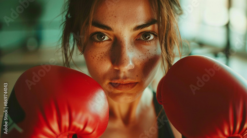 Portrait of a young woman wearing boxing gloves. Sporty fit femaly self care and defense training photo