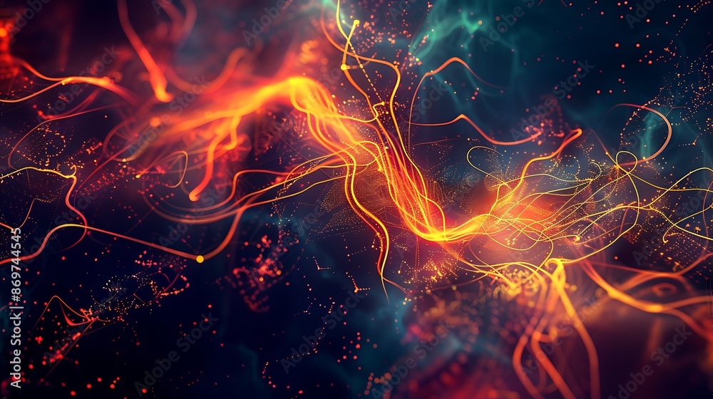 Abstract glowing lines intersecting and flowing, resembling electric currents on a dark background. Abstract glowing lines intersecting and flowing, resembling electric currents on a dark background.
