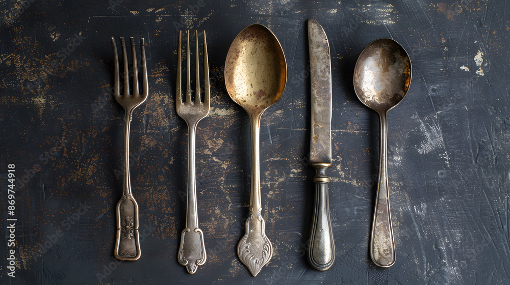 Cutlery knife, spoons, forks on a dark concrete background. AI Generated Cutlery knife, spoons, forks on a dark concrete background. AI Generated