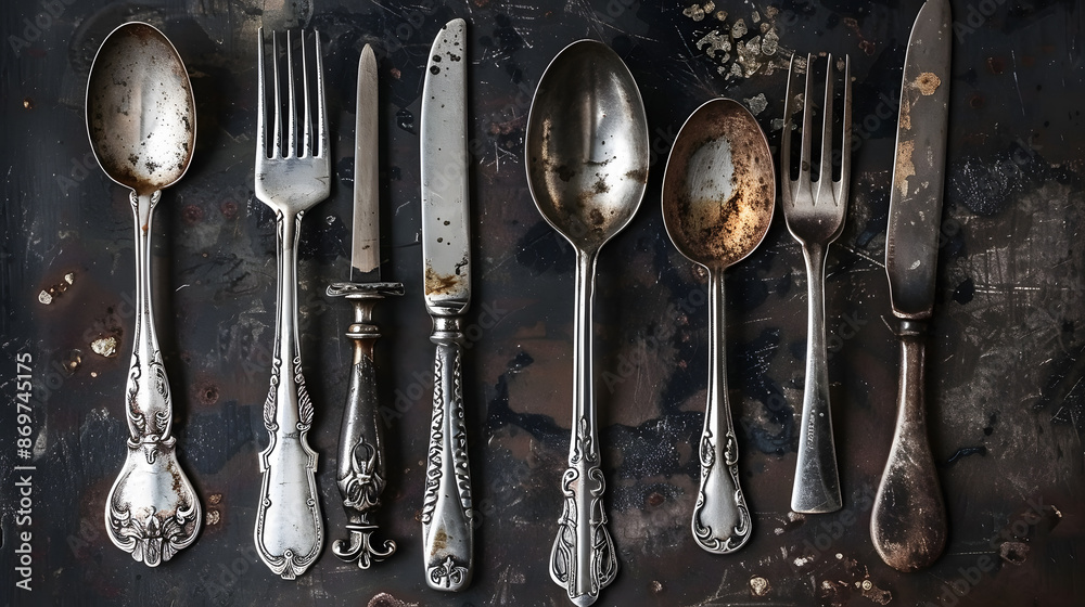 Cutlery knife, spoons, forks on a dark concrete background. AI Generated Cutlery knife, spoons, forks on a dark concrete background. AI Generated