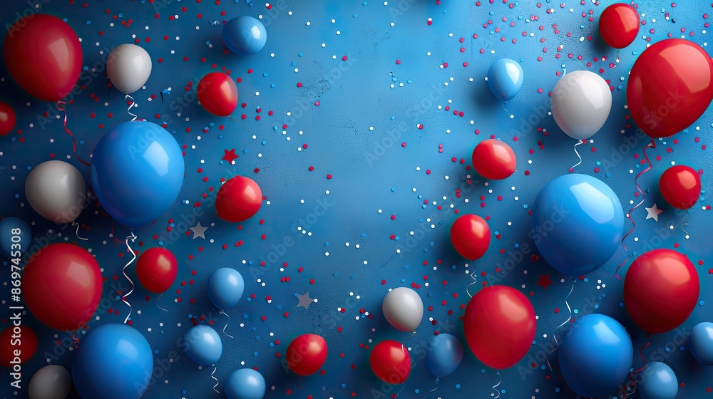 july independence day of the usa with balloon,party streamers on blue background fourjuly celebration.stock image july independence day of the usa with balloon,party streamers on blue background fourjuly celebration.stock image