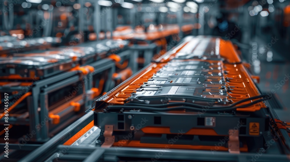Close-up of EV battery packs being installed in a factory, showcasing advanced manufacturing and technology processes. EV car energy storage Close-up of EV battery packs being installed in a factory, showcasing advanced manufacturing and technology processes. EV car energy storage