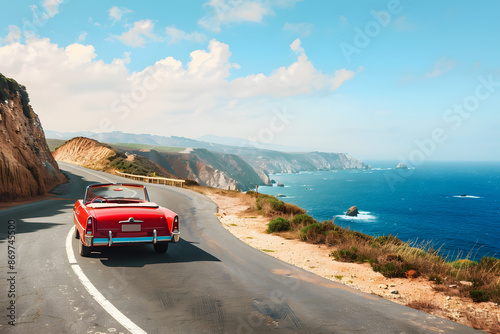 A high-quality image of a convertible driving along a scenic coastal road, with the ocean on one side and cliffs on the other, capturing the freedom of a road trip