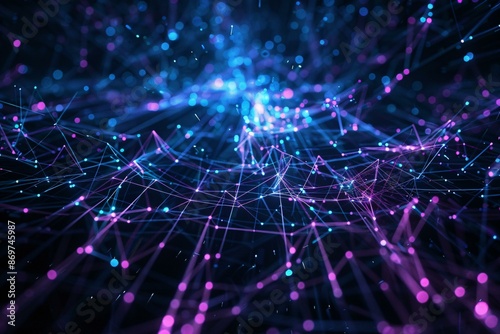 A mesmerizing abstract image featuring interconnected glowing purple and blue lines with nodes against a dark background.