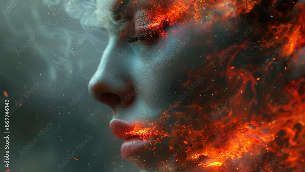 Double exposure of a face that is in flames. Double exposure of a face that is in flames.