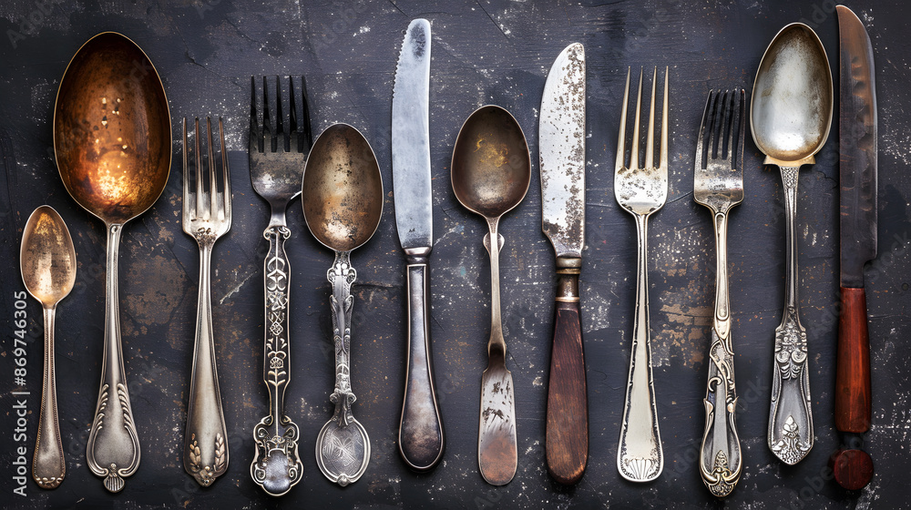 Cutlery knife, spoons, forks on a dark concrete background. AI Generated Cutlery knife, spoons, forks on a dark concrete background. AI Generated