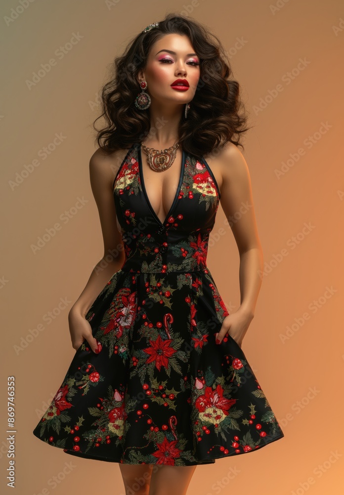 Woman in Christmas dress on a plain gradient background. Studio lighting, Colorful makeup and retro hairstyle for Christmas. Beautiful pinup girl with Christmas pin-up makeup Woman in Christmas dress on a plain gradient background. Studio lighting, Colorful makeup and retro hairstyle for Christmas. Beautiful pinup girl with Christmas pin-up makeup
