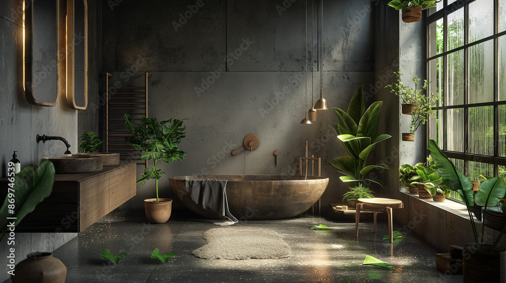 3d rendering of an industrial style bathroom with concrete walls, wooden furniture and plants 3d rendering of an industrial style bathroom with concrete walls, wooden furniture and plants