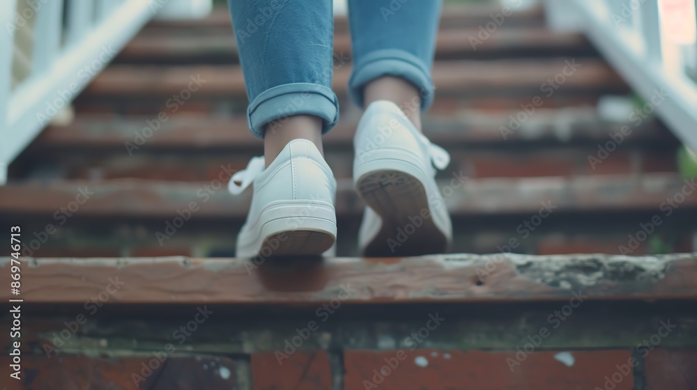 Close-up of a person walking up old brick stairs, showing white sneakers and rolled-up blue jeans with a soft background blur. Close-up of a person walking up old brick stairs, showing white sneakers and rolled-up blue jeans with a soft background blur.