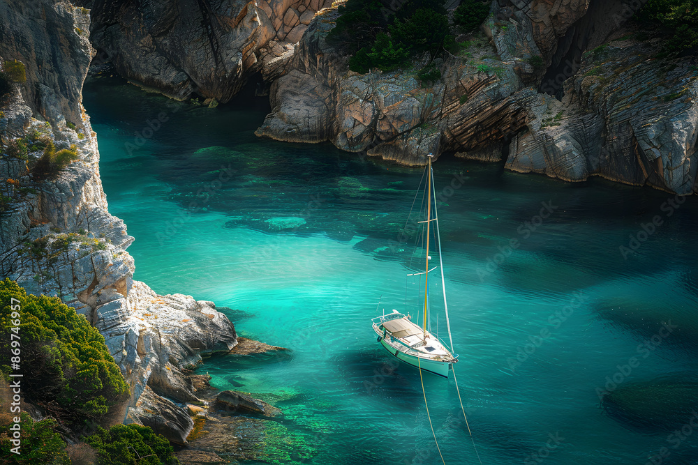 Φωτογραφία A detailed photo of a sailboat anchored in a secluded cove with turquoise water