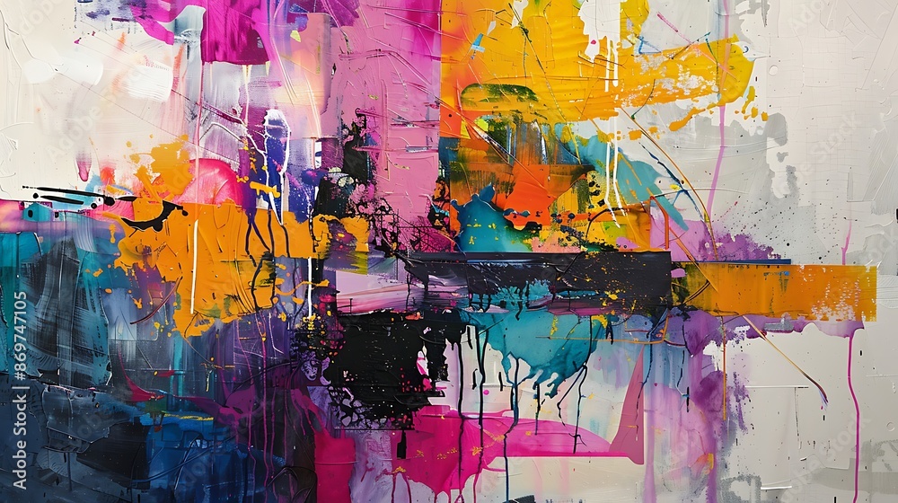 Fototapeta premium Abstract shapes and vibrant colors intertwine with playful splashes of liquid joy on a textured canvas, forming a dynamic tapestry of expression and creativity.