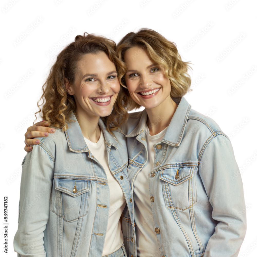 Two Smiling Women Wearing Denim Jackets Pose for a Portrait Two Smiling Women Wearing Denim Jackets Pose for a Portrait