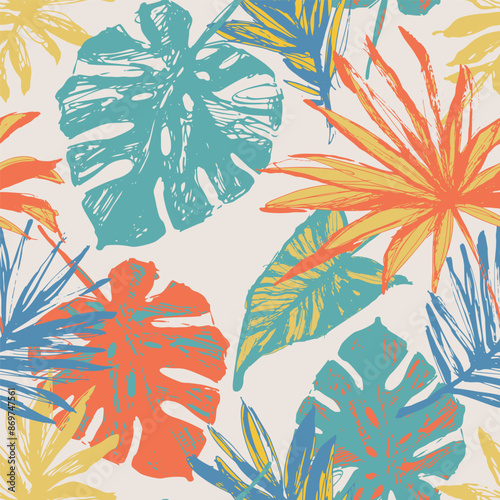 Abstract tropical leaves with grunge texture background