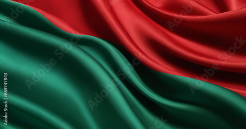 Obraz na płótnie Close-up of red and green fabric with a silky texture, resembling the Belarusian flag. Ideal for political, cultural, or textile-themed content. w salonie