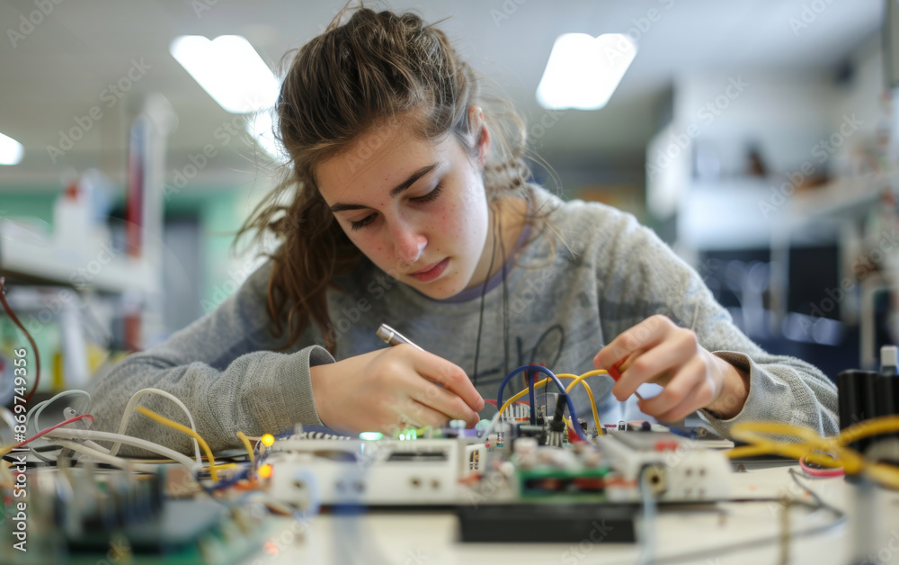 High school female student focus on working on electrical devices sitting at a desk in the science lab wearing casual attire. Cables and electronic components connected to circuit boards.