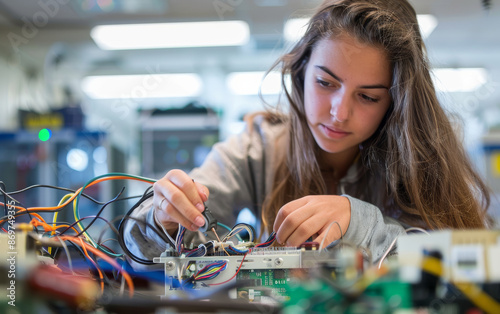 Obraz na płótnie High school young woman student concentrates on working on electronic components of a desktop sitting at a desk in the science laboratory wearing casual clothes w salonie