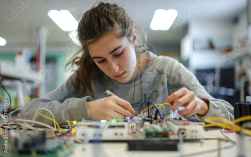 Obraz na płótnie High school female student focus on working on electrical devices sitting at a desk in the science lab wearing casual attire. Cables and electronic components connected to circuit boards. w salonie