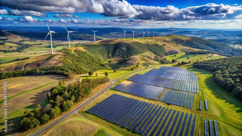 Hybrid energy facility in Bannister, Australia showcasing drone perspective of Gullen Solar Farm and Gullen Range Wind Farm's