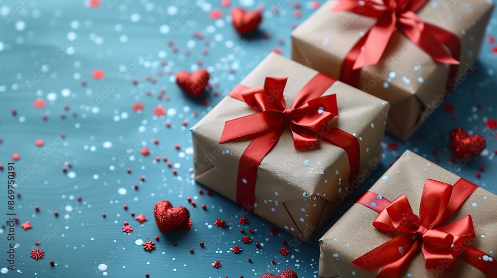 gift boxes with red ribbon,hearts on light blue background.stock photo gift boxes with red ribbon,hearts on light blue background.stock photo
