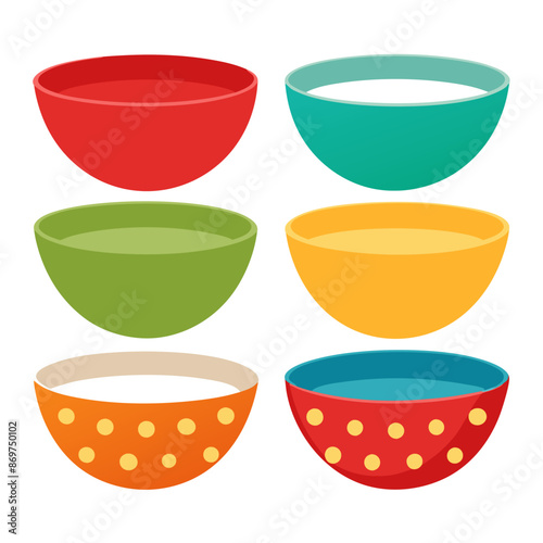 Colorful bowls on white background with various tableware and drinkware