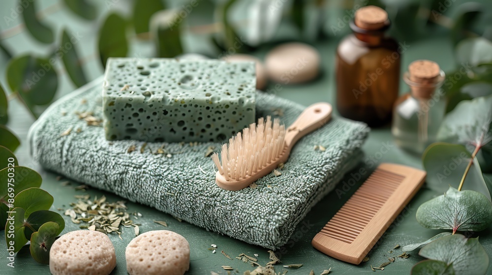 beauty spa cosmetic bottle container towel wooden hair comb organic soap luffa sponge eucalyptus leaf on green background minimalist cosmetic product mockup natural branding.stock photo beauty spa cosmetic bottle container towel wooden hair comb organic soap luffa sponge eucalyptus leaf on green background minimalist cosmetic product mockup natural branding.stock photo